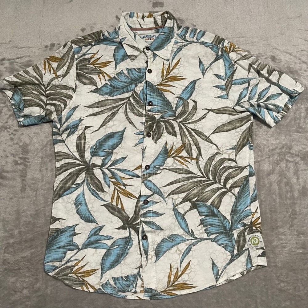 Margaritaville Shirt Mens Medium White Floral Hawaiian Beach Rayon Button Up